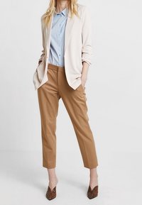 Světlobéžový blazer přes modrou košili, spárovaný s hnědými zkrácenými kalhotami a hnědými lodičkami se vzorem hadí kůže. Hladké látky, volný střih.