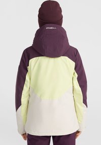 Lila und hellgrüne Kapuzenjacke mit beigen Akzenten, aus einem strukturierten, wasserabweisenden Material und mit einem Logo auf der Rückseite.