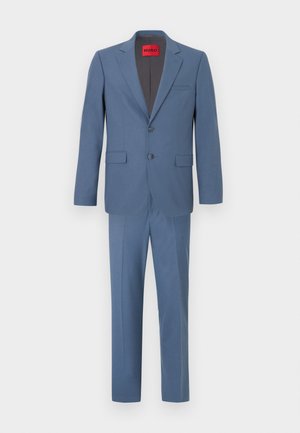 Men's slim-fit blue suit with two-button blazer and matching trousers, featuring side flap pockets and a chest welt pocket.