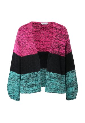 Strik cardigan med pink, sort og teal striber. Åben frontdesign med lange ærmer og tekstureret garn, velegnet til lag-på-lag.