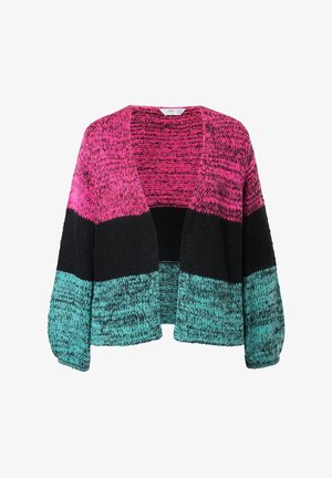 Strik cardigan med pink, sort og teal striber. Åben frontdesign med lange ærmer og tekstureret garn, velegnet til lag-på-lag.
