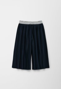 Marineblauwe geplooide culottes met een gestructureerde grijze elastische tailleband, met verticale plooien en een wijdbenige stijl.