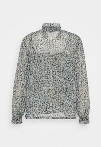 Blusa negra transparente con un estampado floral en azul y verde, cuello fruncido y mangas largas con puños recolectados.