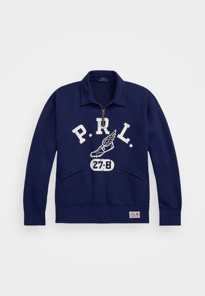 Sweatshirt azul-marinho com colarinho alto, fecho dourado, texto gráfico branco "P.R.L." e design de sapato, duas bolsos frontais, bainha e punhos canelados.
