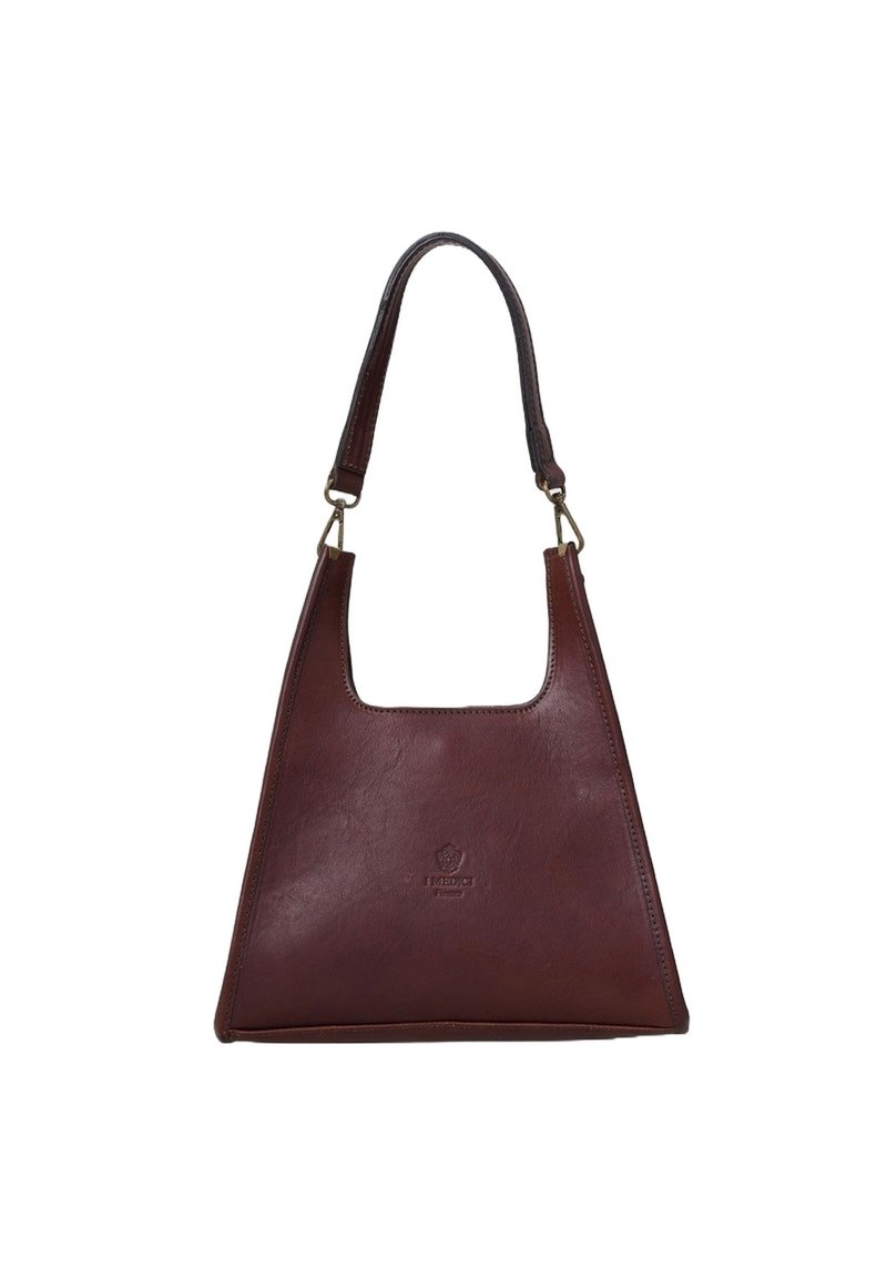 Bruine leren handtas met een driehoekige vorm, breed open bovenkant en een enkele schouderband. Beschikt over een reliëfmerk aan de voorkant.