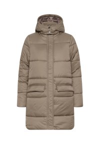 Beige puffers jakke med hætte, prydet med en quiltet design, trykknapper og to frontlommer. Glat tekstur og knælængde.