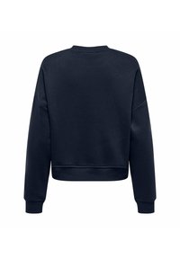 Felpa cropped color navy con colletto rotondo, maniche lunghe, polsini e orlo a coste, realizzata in un materiale morbido con una texture liscia.