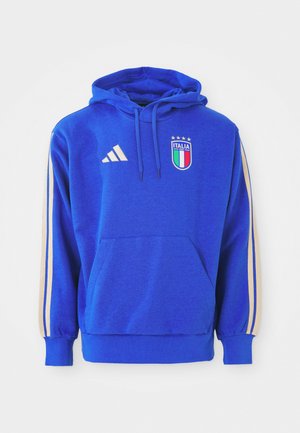 Blue cotton hoodie featuring a front pocket, drawstring hood, Adidas three-stripe design in gold, and an Italia emblem with stars.