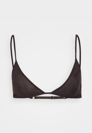 Black triangular bikini top made of textured fabric, featuring thin straps and a minimalist design with a central clasp at the back.