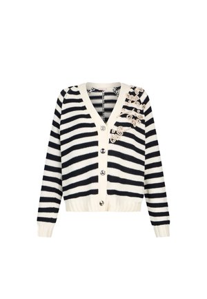 Cardigan a righe bianche e nere con scollo a V, quattro bottoni d'argento e dettagli in pizzo floreale sul lato superiore sinistro.