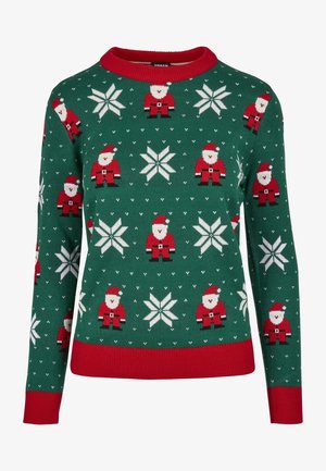Pull de Noël vert avec des poignets rouges, arborant des motifs répétitifs de figures du Père Noël et des flocons de neige blancs.