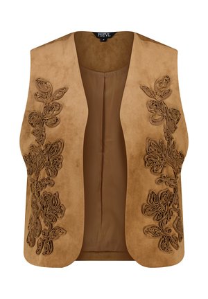 Bruine suède vest met bloemrijke borduursels op de voorpanelen, mouwloos met een afgeronde open voorkant en een gladde voering aan de binnenkant.