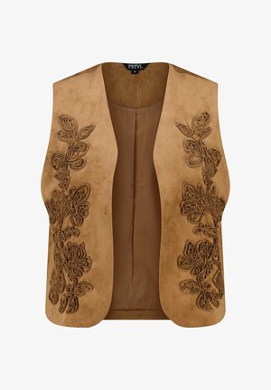 Bruine suède vest met bloemrijke borduursels op de voorpanelen, mouwloos met een afgeronde open voorkant en een gladde voering aan de binnenkant.