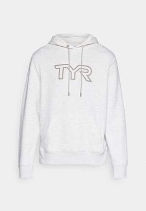Light gray hoodie made of soft fabric, featuring a front kangaroo pocket, drawstrings, and a geometric "TYR" logo on the chest.