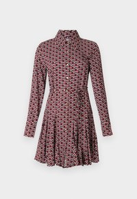 Sarkana un balta rakstainā kleita ar garām piedurknēm, pogu aizdari un izplestu svārku. Satur apkakles kakla izgriezumu un jostu vidukļa detaļām.