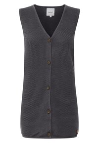 Graue ärmellose Weste mit V-Ausschnitt-Design, strukturierter Stoff, fünf braune Knöpfe vorne und ein kleines Logotag am unteren Rand.
