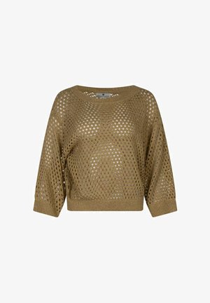 Pull en maille marron ample avec un large motif ajouré, manches trois-quarts, encolure ronde et poignets et bas côtelés.