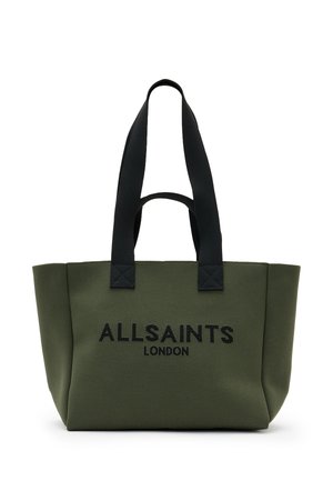 Bolso tote de lona verde oliva con asas negras y "ALLSAINTS LONDON" bordado al frente en letras negras.