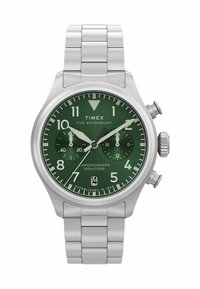 Kronografska ura iz nerjavečega jekla z zelenim številčnico, luminescentnimi oznakami, prikazom datuma in kovinskim pasom, vodoodporna do 100 m.