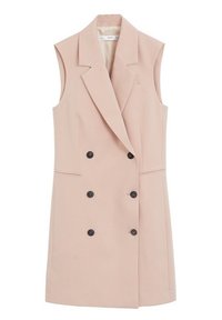 Wende-lose ärmellose Blazer in hellrosa Stoff. Mit schwarzen Knöpfen, scharfen Revers und zwei Seitentaschen. Sauberes, strukturiertes Design.