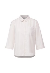 White button-up shirt with a collar, three-quarter sleeves, and a chest pocket. Made of lightweight fabric with a smooth texture.