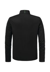 Schwarzes Polohemd mit langen Ärmeln, das einen Kragen und einen grünen Akzent auf der Rückseite hat. Hergestellt aus glattem, leichtem Stoff in schmaler Passform.
