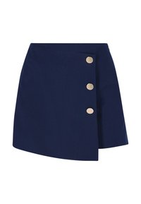 Tengerészkék aszimmetrikus miniszoknya három nagy ezüst gombbal a jobb oldali elülső panel mentén.