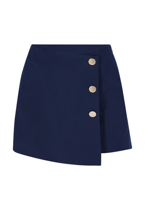 Fustă mini asimetrică albastru închis, cu trei butoni mari argintii pe panoul din față, partea dreaptă.