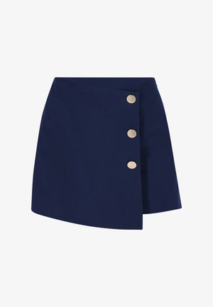 Fustă mini asimetrică albastru închis, cu trei butoni mari argintii pe panoul din față, partea dreaptă.