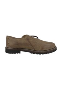 Brauner Lederschuh mit abgerundeter Spitze, Textilobermaterial und Schnürverschluss. Verfügt über kontrastierende weiße Nähte und eine schwarze Gummisohle.