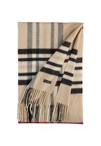 Beige og grå plaid tæppe med frynser; lavet af blødt stof, med et logo mærke i det ene hjørne og en rød kant rundt om.
