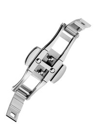 Pulsera de reloj de acero inoxidable con un acabado pulido y elegante. Cuenta con un cierre desplegable y un diseño de eslabones ajustables para un ajuste seguro.
