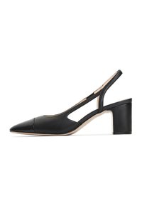 Scarpa slingback nera in pelle con punta affusolata, design con ritagli e tacco chunky. Texture liscia con un accento lucido sulla punta.