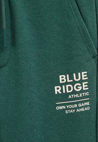 Groene sportieve hoodie van zachte stof, met een voorzak in kangoeroestijl en witte bedrukte tekst: "BLUE RIDGE ATHLETIC OWN YOUR GAME STAY AHEAD."