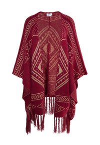 Neulottu viininpunainen poncho geometrisilla vaaleankerman värisillä kuvioilla, avonaisella etuosalla, leveillä hihoilla ja fringed-helmalla.