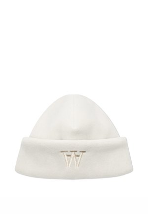 Bonnet en polaire blanc avec bord replié présentant un logo brodé W et A superposés au centre avant.