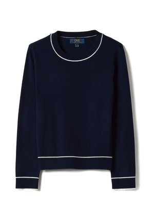 Pull bleu marine à manches longues avec bordure blanche sur le col, les poignets et l'ourlet, tissu en maille, col rond et coupe régulière.