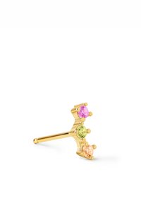 Orecchino in oro con tre pietre tonde: rosa, verde e arancione. Il design è angolare con una finitura lucida e un perno sicuro.