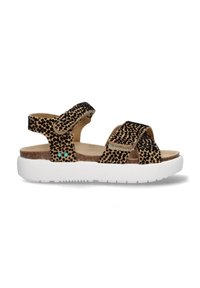 Luipaardprint sandalen met twee verstelbare banden, kurken voetbed en witte rubberen zool. Beschikt over turquoise accenten voor extra detail.