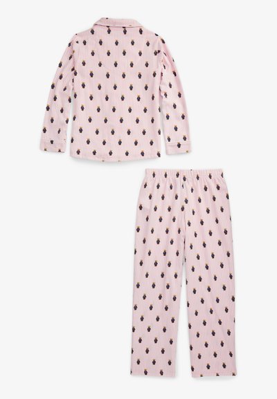 Rozā svītrainais pidžamu komplekts ar garām piedurknēm, ar pogām un saskaņotām biksēm, ar maziem tumšiem ziedu rakstiem visā audumā. Mīksts materiāls.