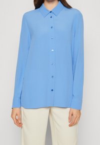 Camicia azzurra con bottoni, realizzata in un tessuto liscio, con colletto a punta e maniche lunghe, dotata di bottoni blu coordinati sulla parte anteriore.