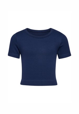 Marineblaues kurzärmeliges geripptes Strick-Crop-Top mit Rundhalsausschnitt und figurbetonter Silhouette.