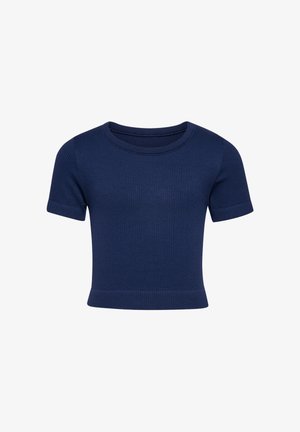 Mørkeblå kortærmet ribstrikket croptop med rund halsudskæring og tætsiddende silhuet.