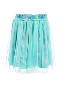 Ein hellblauer Tüllrock mit gestuftem Design, der ein Blumenmuster in metallischem Gold und pinken Akzenten aufweist, sowie einen elastischen Bund.