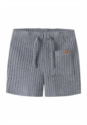 Szare szorty z prążkowanego dzianego materiału, z elastycznym pasem, sznurkiem do związania i prostokątną kieszenią naszytą z przodu po prawej stronie.