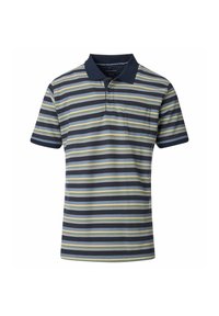 Koszulka polo z krótkim rękawem w kolorze granatowym, z poziomymi paskami w jasnej zieleni, beżu i granatowym. Zawiera kieszeń na piersi i kołnierzyk.