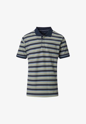 Kurzarm-Polohemd in Marineblau mit horizontalen Streifen in Hellgrün, Beige und Dunkelblau. Mit einer Brusttasche und Kragen.