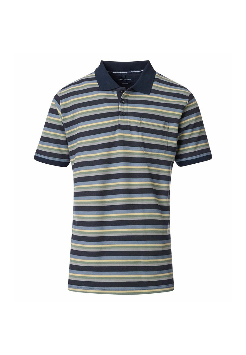 Koszulka polo z krótkim rękawem w kolorze granatowym, z poziomymi paskami w jasnej zieleni, beżu i granatowym. Zawiera kieszeń na piersi i kołnierzyk.