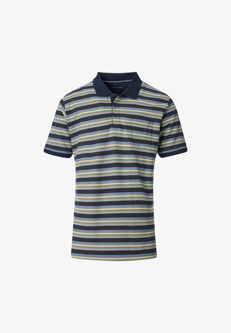 Koszulka polo z krótkim rękawem w kolorze granatowym, z poziomymi paskami w jasnej zieleni, beżu i granatowym. Zawiera kieszeń na piersi i kołnierzyk.