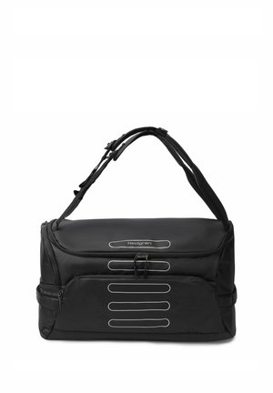 Schwarze Hedgren Duffle-Tasche mit verstellbaren Schultergurten und mehreren Reißverschlussfächern, vorne mit reflektierenden Streifen.